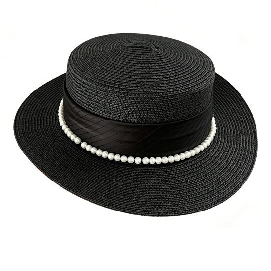 Women Sun Hat Breathable Wide Brim Flat Top French Style Straw Woven Hat with Ribbon Faux Pearls Decoration Summer Outdoor Hat