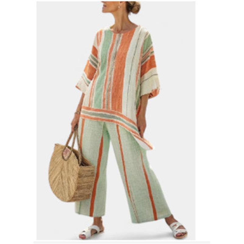 Printed short-sleeved shirt and trousers set Fashion loose round neck top High waist trousers Two-piece set