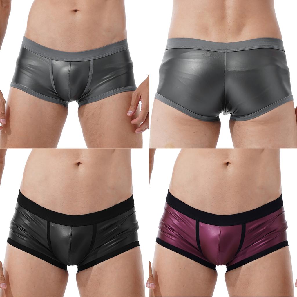 Men Low Waist Faux Leather Boxer Shorts Sports Swimming Trunks Swimwear Bulge Pouch Underpants Underwear