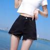 High-Waisted Black Denim Shorts - Summer 2025 Slim Fit Loose A-Line Raw Edge Hot Pants for Women