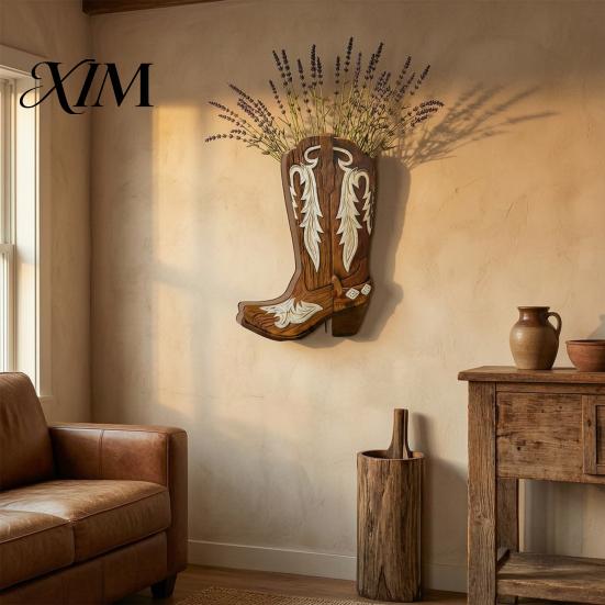 Wooden Floral Container for Dried Flowers Cowboy Boots Wall Planter Indoor Plants, Western Boot Flower Hanging Vase Handcrafted Poplar Wood