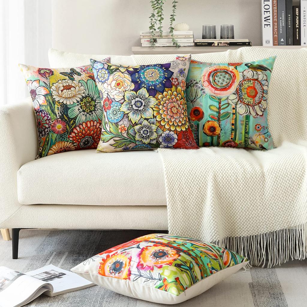 4 Pcs Double Sided Bohemian Floral Cushion Covers, Colorful Art Print Throw Pillow Cases For Home Decor (No Inserts)