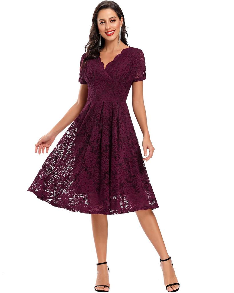 Женское кружевное платье миди с V-образным вырезом и короткими рукавами, приталенное по талии, для выпускного вечера, подружки невесты, гостя на свадьбе, вечеринки, коктейля, вечернего мероприятия