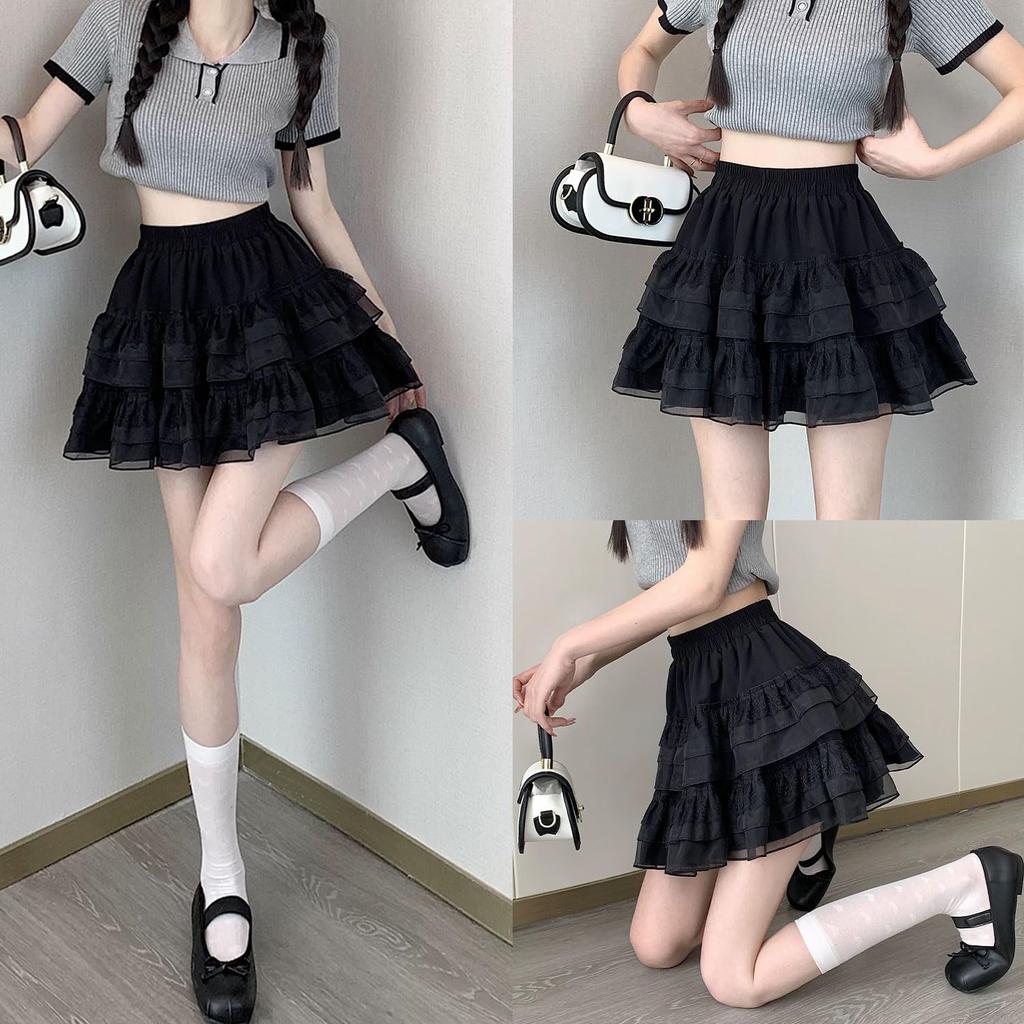 Roiyezo Lace Lined Mini Ruffled Short Double Soft Flare Cupcake Style Skirt, High-Waisted Skirt, Layer, A-Line