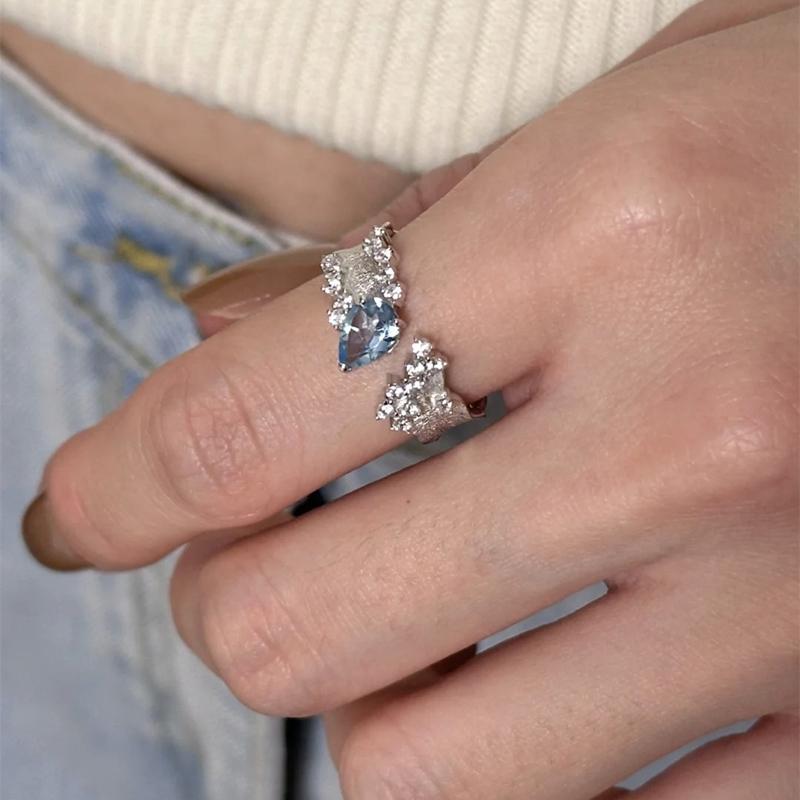 Blue Water Drop Zircon Open Ring for Women Exquisite Retro Irregular Adjustable Finger Ring Sweet Casual Versatile Jewelry Gift