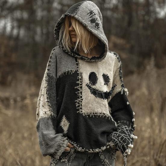 Свитер из имитации кашемира с капюшоном, с длинным рукавом, с узором кота-призрака на Хэллоуин, свитер с ретро-принтом, свободного кроя, с потертостями, вязаный худи