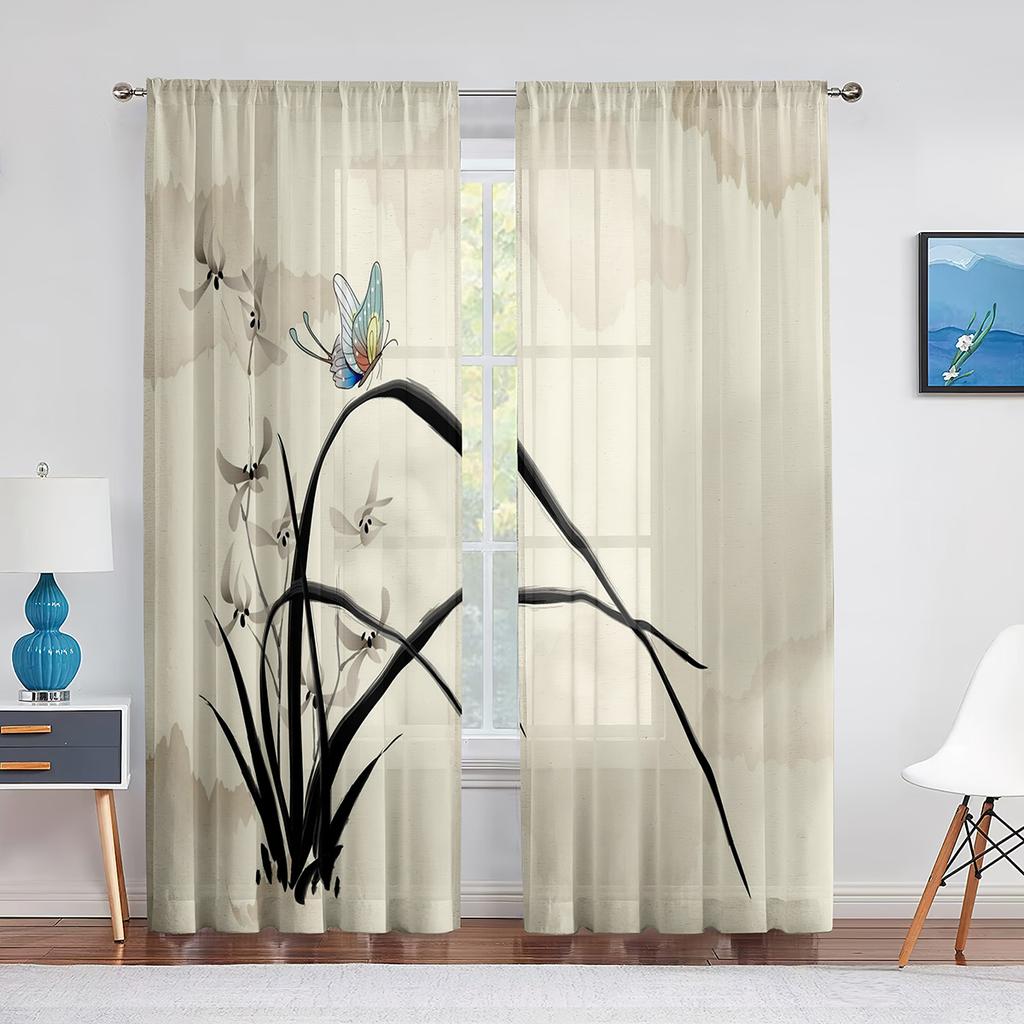 Птицы на ветке вишни, картина тушью, тюлевые шторы-вуали для спальни, оконные занавески для гостиной, прозрачные шторы, шторы