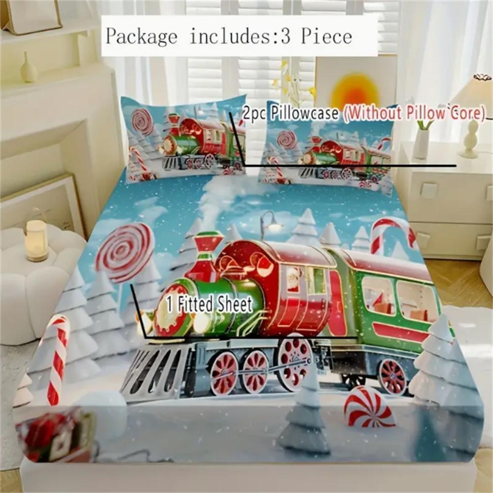 3pcs Christmas Train & Snow Scene Bedding Set - Soft, Breathable Fitted Sheet and Pillowcases for All Seasons, Machine Washable