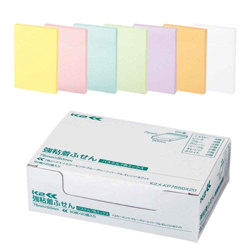 KOKUYO Sticky Strong 75mm x 90 sheets x 20 7 Notes, Adhesive, K2, 50mm, Pastel, packs, colors, K2ME-KP7550X20