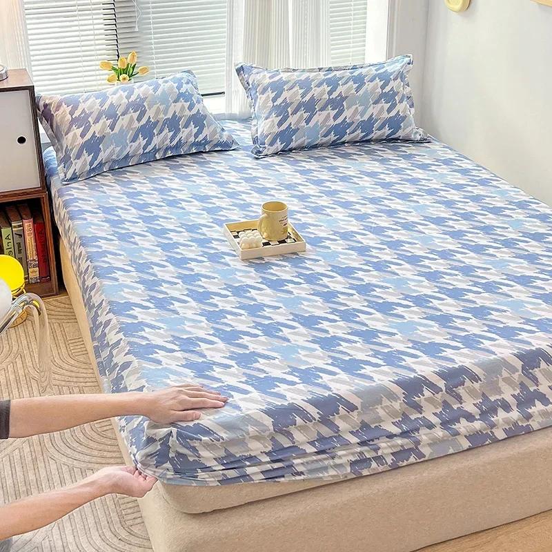 Зеленый клетчатый узор Набор простыней на резинке Любовь Сердце Защитный чехол для матраса 3 предмета Хлопковый постельный комплект Дышащий, приятный для кожи