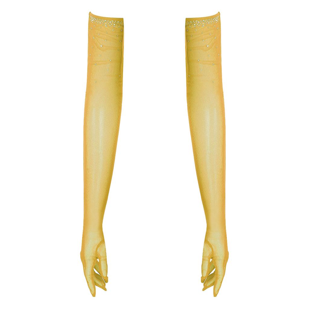 Womens One Pair Mesh Dance Gloves Glittery Rhinestones Five Finger Full Length Gloves Performance Accessory