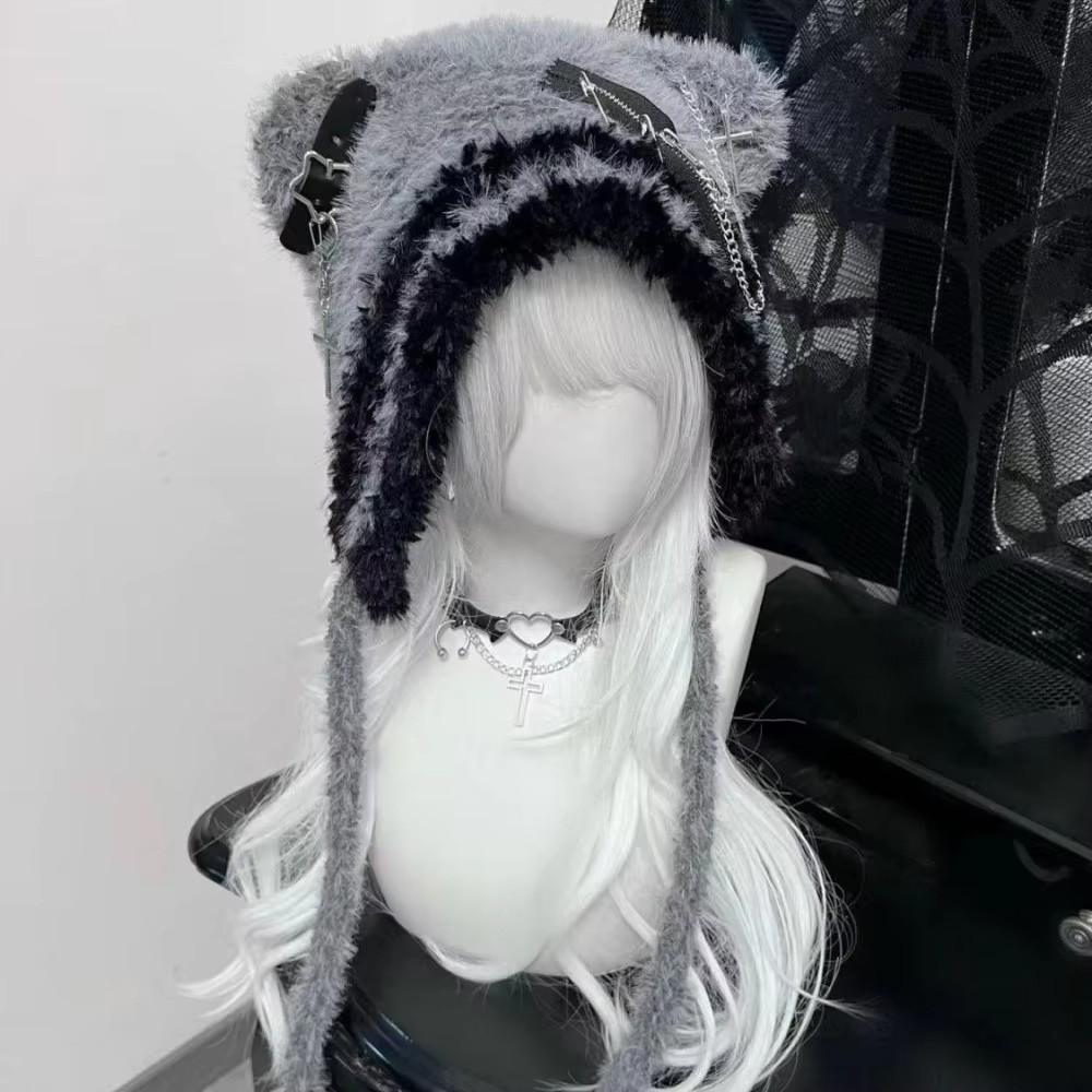 Пушистая готическая шапка-бини Harajuku для дерзких девушек, вязаная панк-лолита шапка с косточкой, крестом, звездой, в стиле Y2K