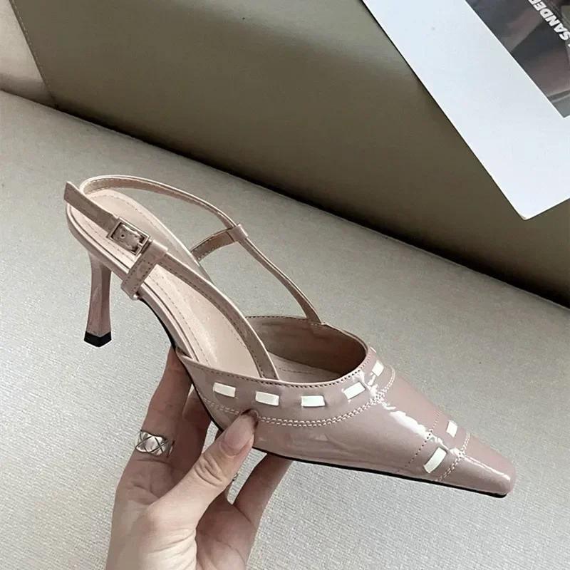Braided Strap Designer Patent Leather Women Pumps Sexy Pointy Toe Thin Heels Hollow Slingbacks High Heeled Sandals Office Shoes