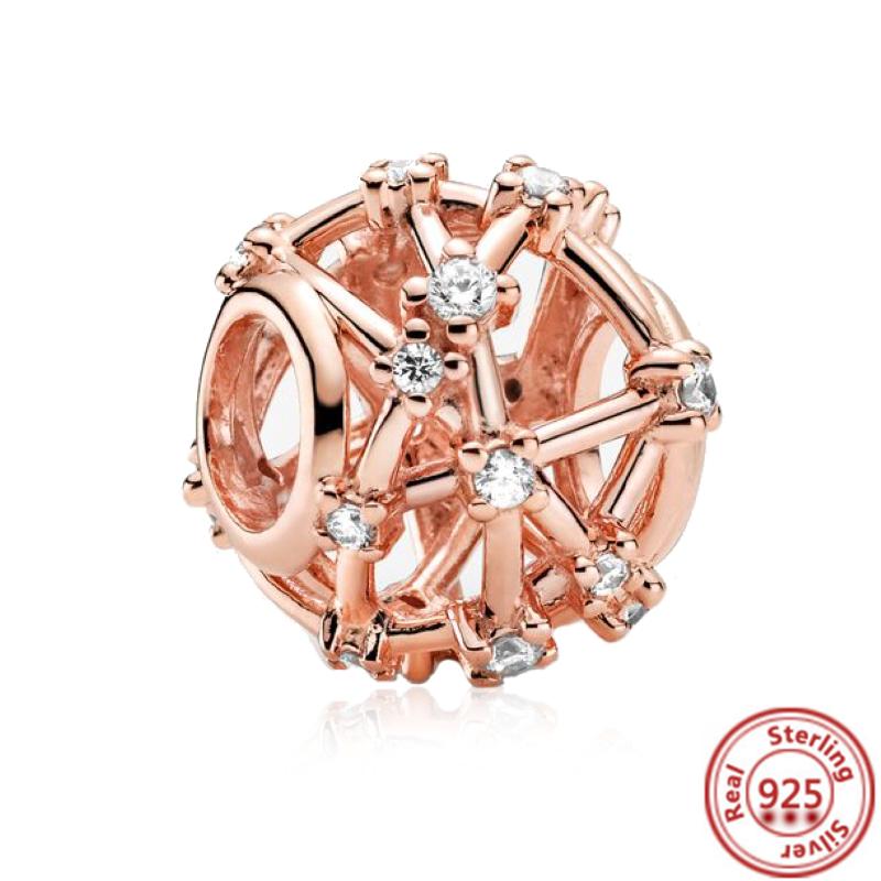 Hot Sale Rose Gold Series Pink Zircon Leaves Heart Pendant Sparkling Clip Bead Fit Charm Bracelet DIY S925 Silver Jewelry