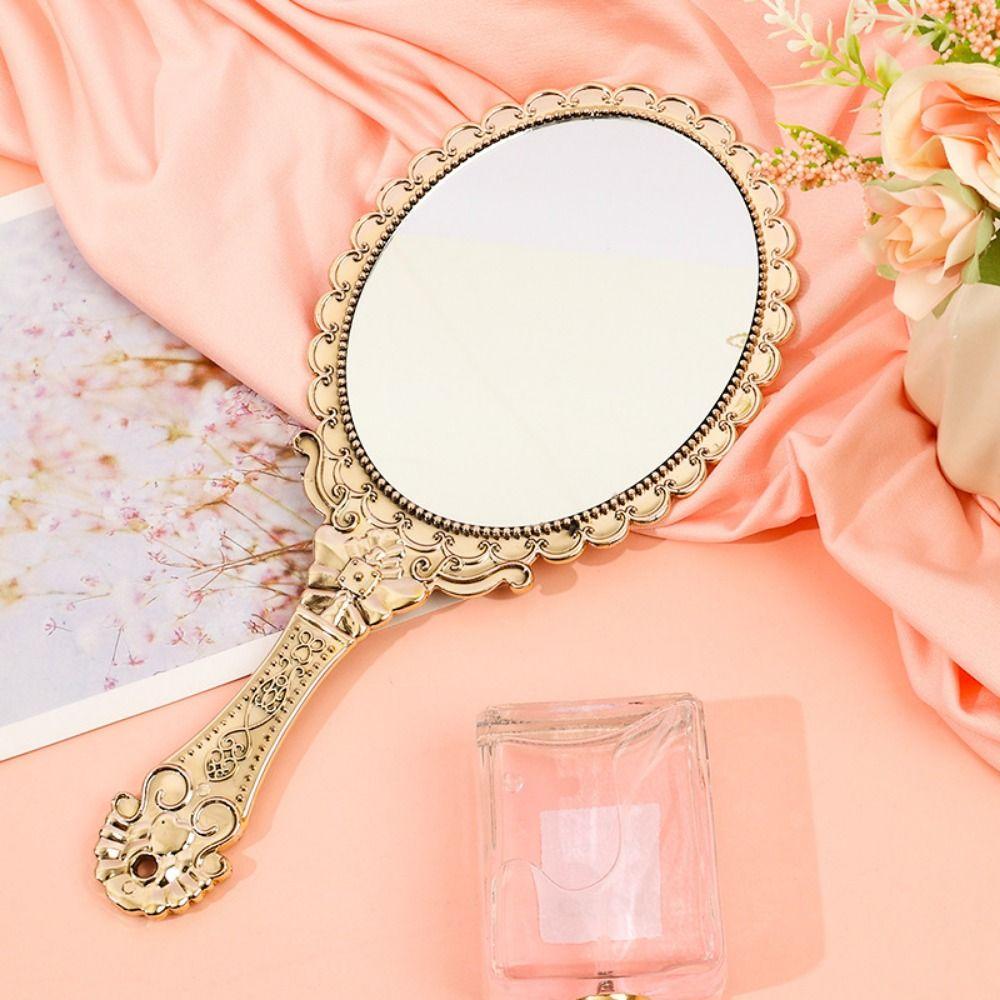 Pattern Handle Carved Small Mirror Easy to Carry Portable Dressing Mirror Handheld Mirror  Desktop