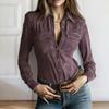 Женская рубашка с лацканами, длинным рукавом, застежкой на пуговицы, приталенного кроя, с замшевой текстурой, в стиле ретро, однотонная, повседневная, топы