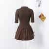 Женская мода темперамент тонкий короткий рукав плиссированные оборки трикотажные мини платья элегантный однотонный О-образный вырез пэчворк А-силуэт платье