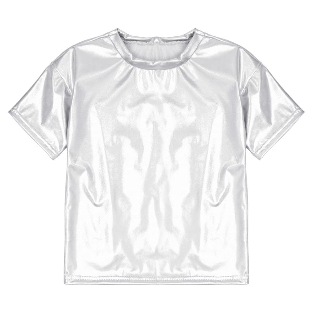 Детские блестящие футболки металлизированного цвета с короткими рукавами для мальчиков и девочек, топы для танцев, вечерние блестящие наряды