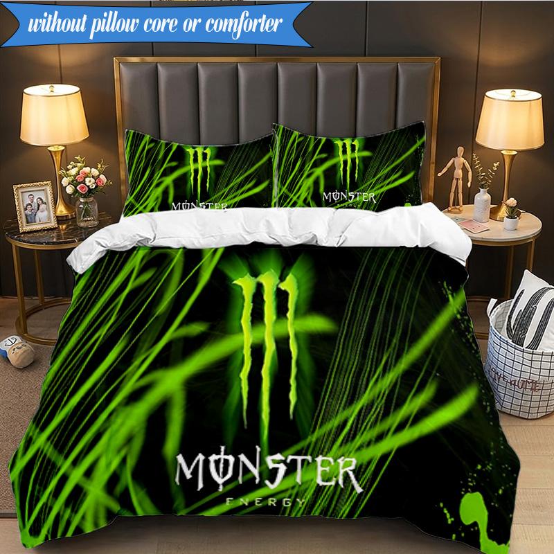 3PCS Monster Energy Bedding Set Duvet Cover Closure Includes 1 Duvet Cover & 2 Pillowcases for All Seasons Bedroom Decor Christmas Fan gifts
