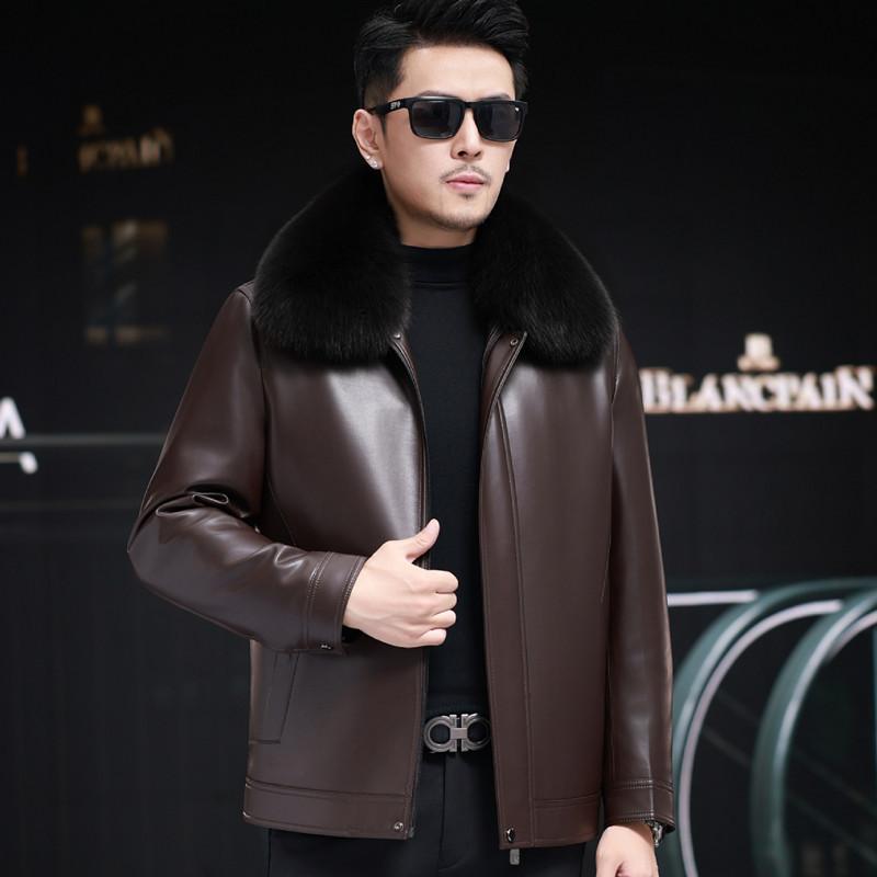 Кожаная куртка среднего возраста, мужская кожаная повседневная бархатная утолщенная короткая куртка с лацканами, средняя зимняя куртка-пуховик