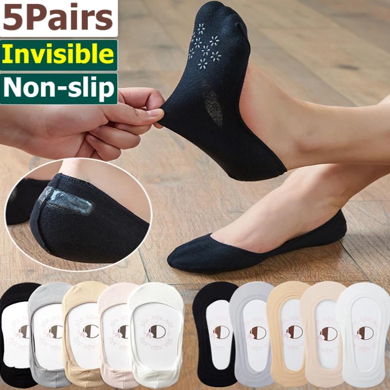 5 Pairs Women's Boat Socks Summer Breathable Comfortable Lace Invisible Socks Thin Silicone Non-Slip Boat Socks Low Socks