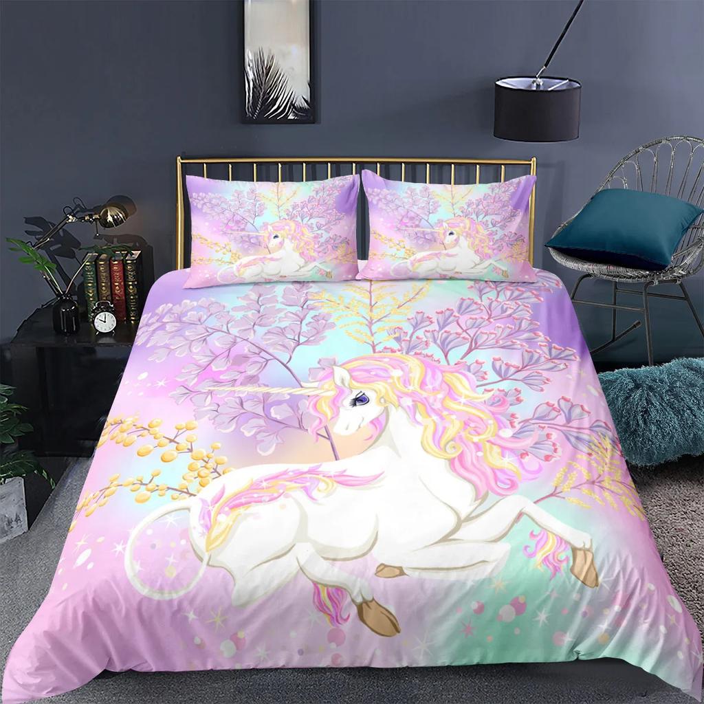 Unicorn Bedding Set King Queen White Pink Unicorn Duvet Cover For Girls Boys Dreamy Cartoon Sparkle Lilac Polyester Quilt Cover