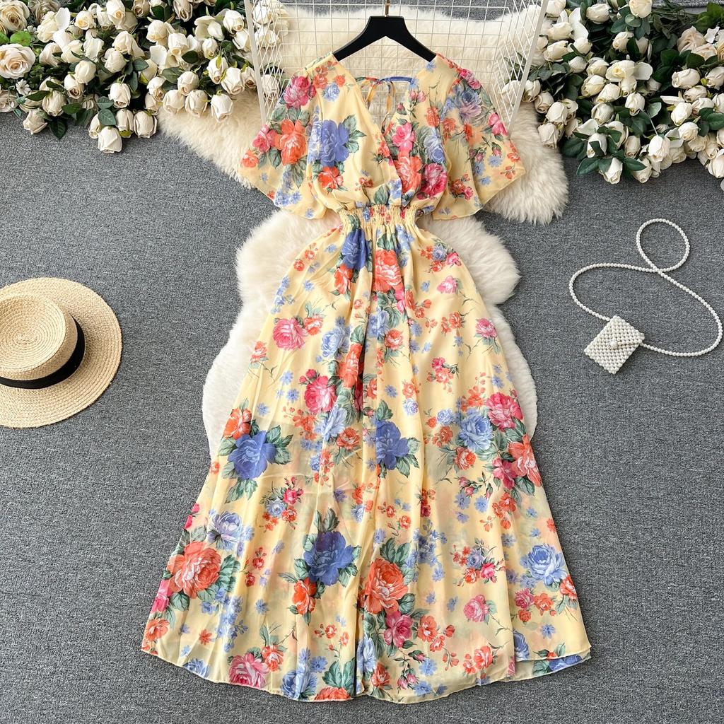 Морское праздничное шифоновое платье с принтом, женское летнее новое обтягивающее талии с v-образным вырезом средней длины, большая распашная юбка, модная