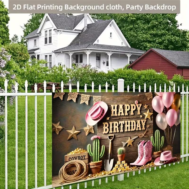 2D Cowgirl Happy Birthday Photography Backdrop, Rustic Wood & Cactus Themed Party Banner