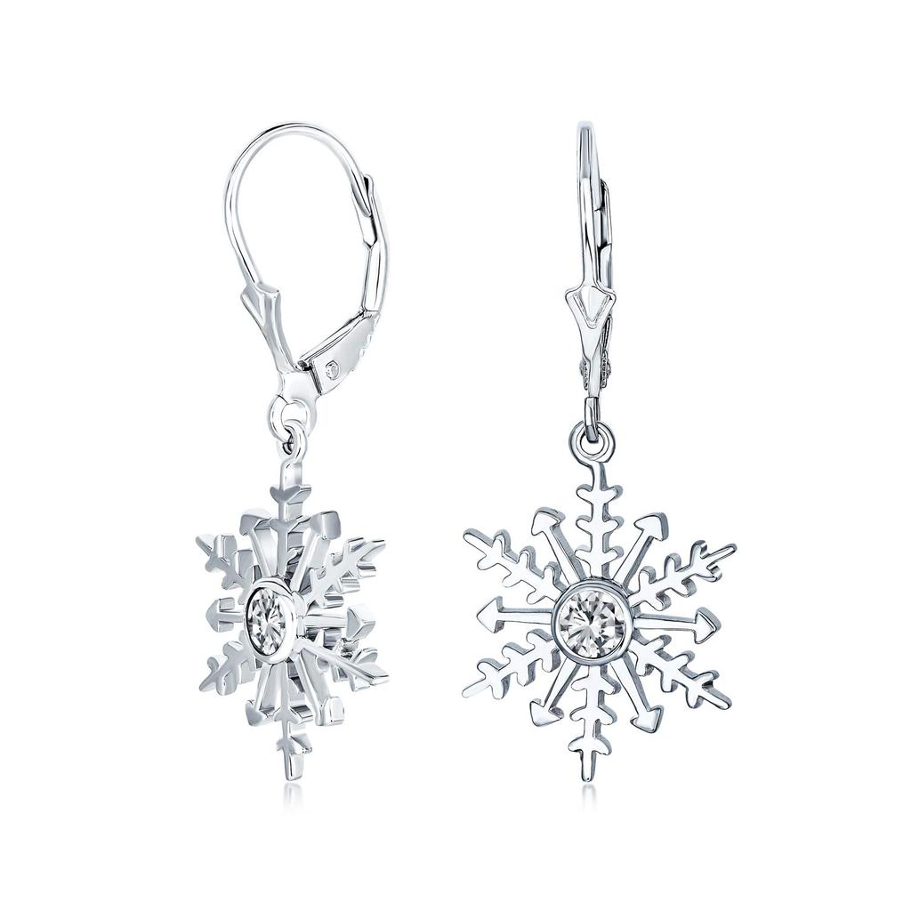 Winter Holiday Party Christmas Drop Dangle Clear Star Snowflake Earrings for Women and Sterling Silver Lever "Frozen Teens. .925 Back"