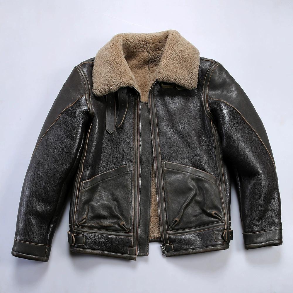 Vintage RLB3 Sheepskin Leather Flight Jacket for Men with Fur Lining and Distressed Horsehide Pockets