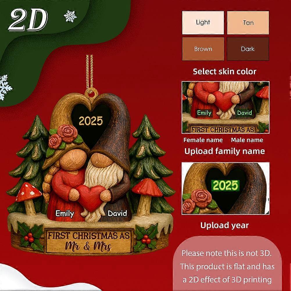 First Festival As Mr & Mrs, Rustic Gnome Couple Holding Heart Wooden Ornament