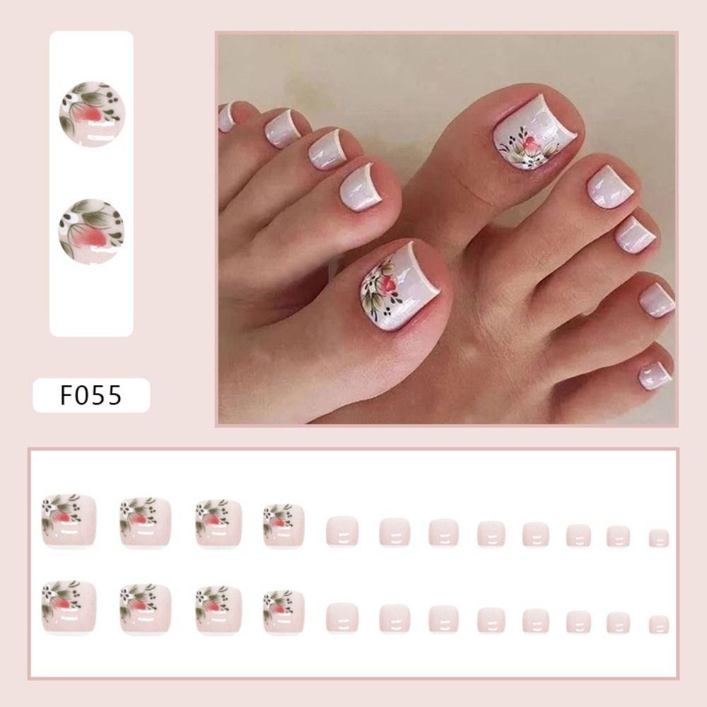 24pcs for Women Short Toe Nails Full Cover Spring Summer Flowers Fake Toenails French Gold