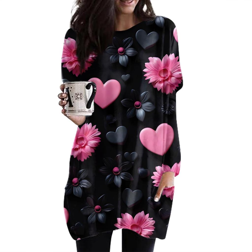 Женский модный повседневный топ с длинным рукавом и круглым вырезом ко Дню святого Валентина с принтом в виде сердца