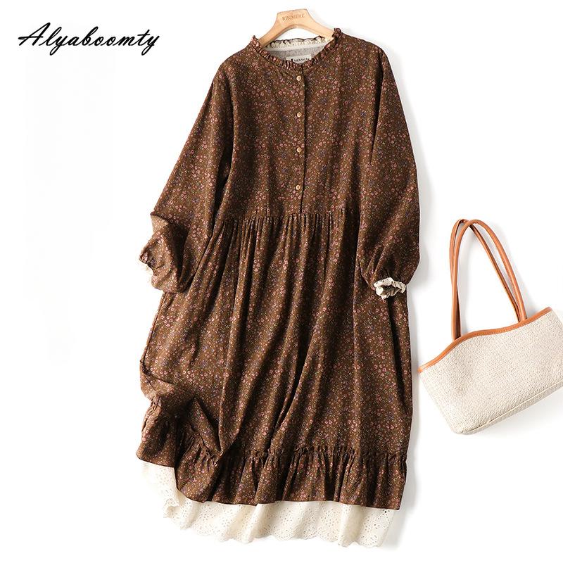 Mori Girl, весенне-осеннее женское платье в стиле ретро с воротником-стойкой, синее, абрикосовое, кофейное, с цветочным принтом, хлопковое и льняное винтажное свободное платье миди