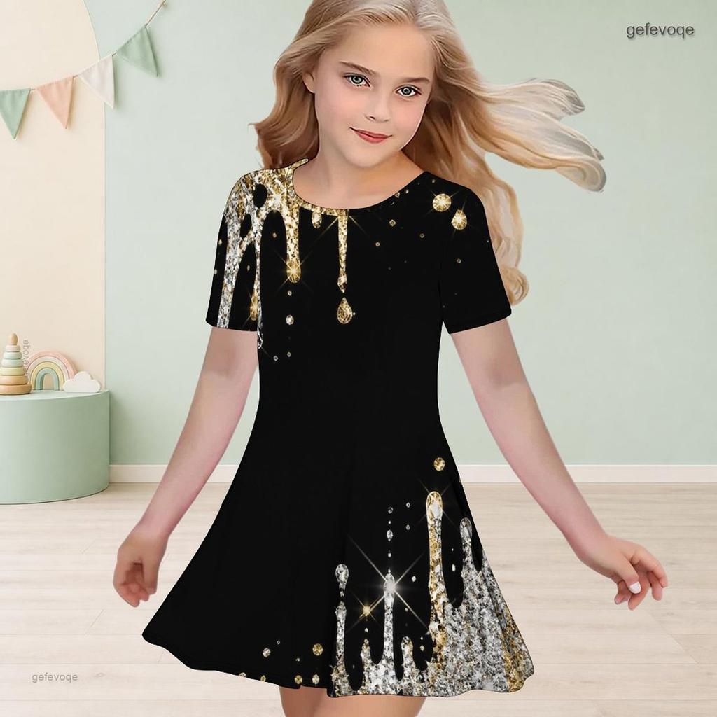 Girls Round Neck Short Sleeve Printed Light Purple A Line Flared Dress