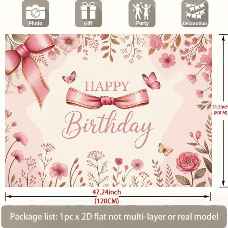 2D Butterfly Floral Happy Birthday Backdrop Soft Pink Bow Background for Women Birthday Party Photo Booth