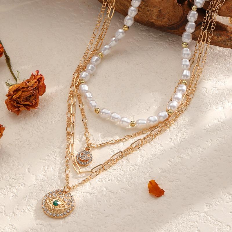 Темпераментное ожерелье из искусственного жемчуга, имитирующее холодный ветер, ретро, легкая роскошь, инкрустированное бриллиантами, смайлик, глаз дьявола, многослойное ожерелье