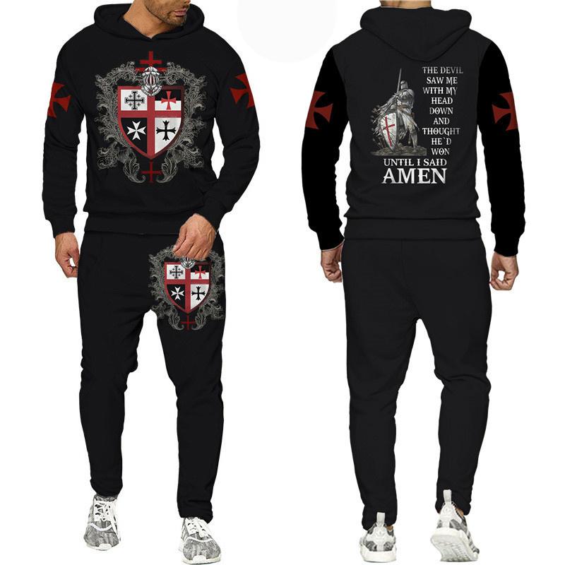 Новейшая толстовка с 3D принтом рыцарей тамплиеров/набор в стиле Харадзюку, уличная одежда в стиле хип-хоп, костюм, крутые мужские толстовки + брюки, спортивный костюм, комплект