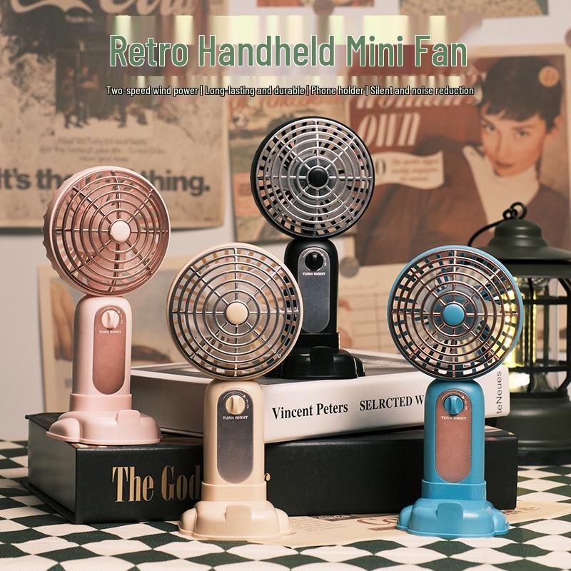 Portable Retro Handheld Mini Fan with USB Charging and Phone Holder