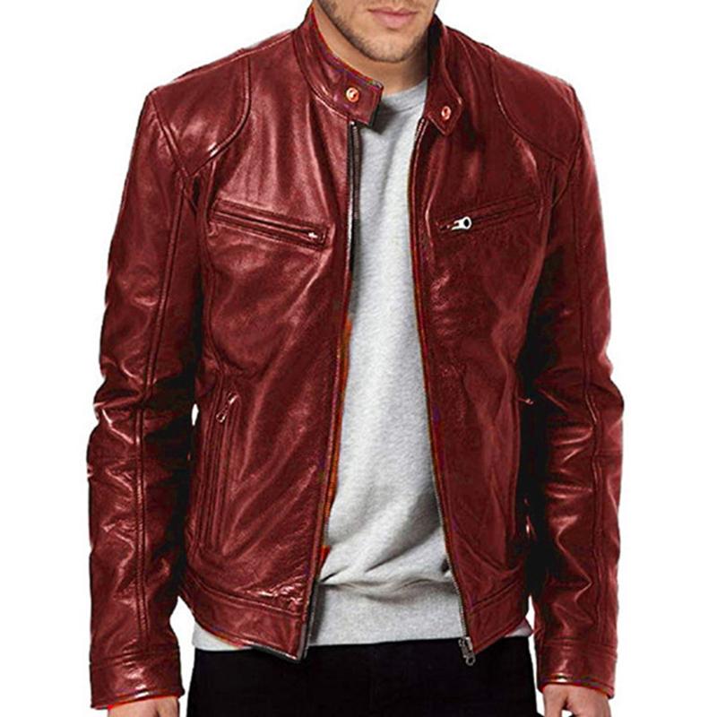 Мужская модная куртка из искусственной кожи, приталенная куртка из искусственной кожи с воротником-стойкой, мужская куртка из искусственной кожи с защитой от ветра, мотоциклетные куртки с диагональными молниями и лацканами