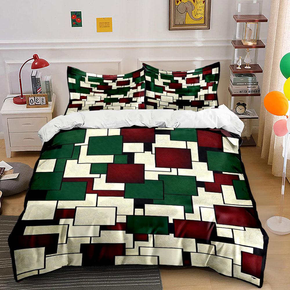 Rectangles in green, red, cream. Bedding sets Duvet cover sets Duvet covers Pillowcases(1 * Duvet Cover 2 * Pillowcases, without duvet insert)