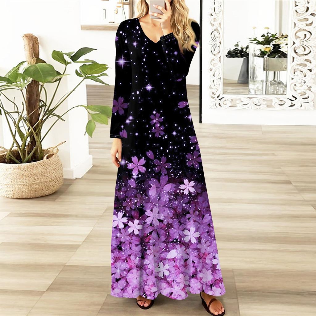 Womens Floral,Gradient Print Maxi Dresses Sexy Dresses Long Sleeve Elegant Fall Long Dresses Holiday Dresses for Women