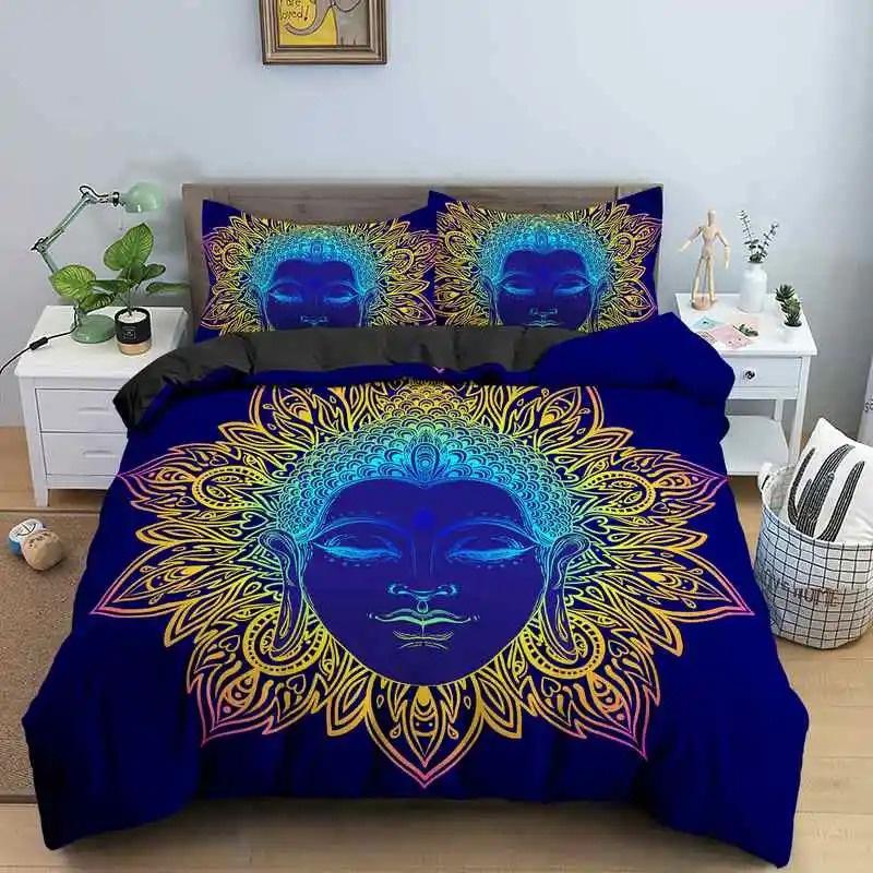 Buddha Bedding Collection Indian Religion Buddhism Meditation Mandala Duvet Cover Smile Buddha Floral Soft Quilt Cover Queen King Size