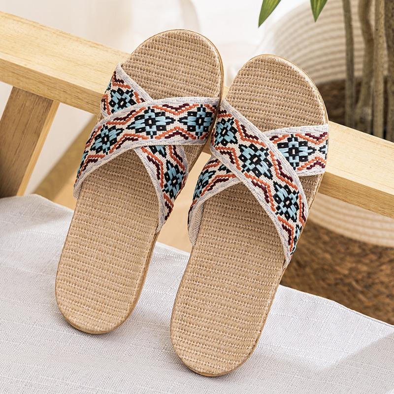 Летние ретро-модные женские нескользящие льняные тапочки