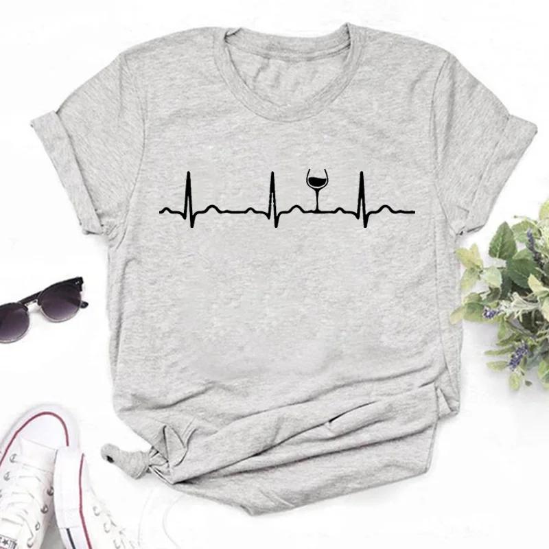 Футболки с принтом бокалов для вина Женские Летние с коротким рукавом Футболки с забавным повседневным принтом бокалов для вина Женские Черные топы Женская одежда