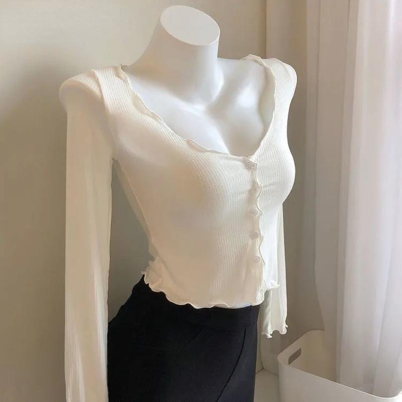 Тонкая трикотажная рубашка, женский тонкий укороченный топ, однобортный кардиган с v-образным вырезом, женская повседневная юбка, шаль, однотонное элегантное солнцезащитное пальто