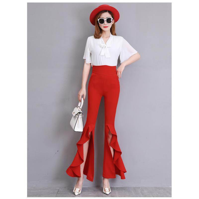 Harajuku Summer High Waist Women's Chiffon Split Up Capris Pants for Women Skinny Ruffles Flare Pants Woman Trousers Red Black