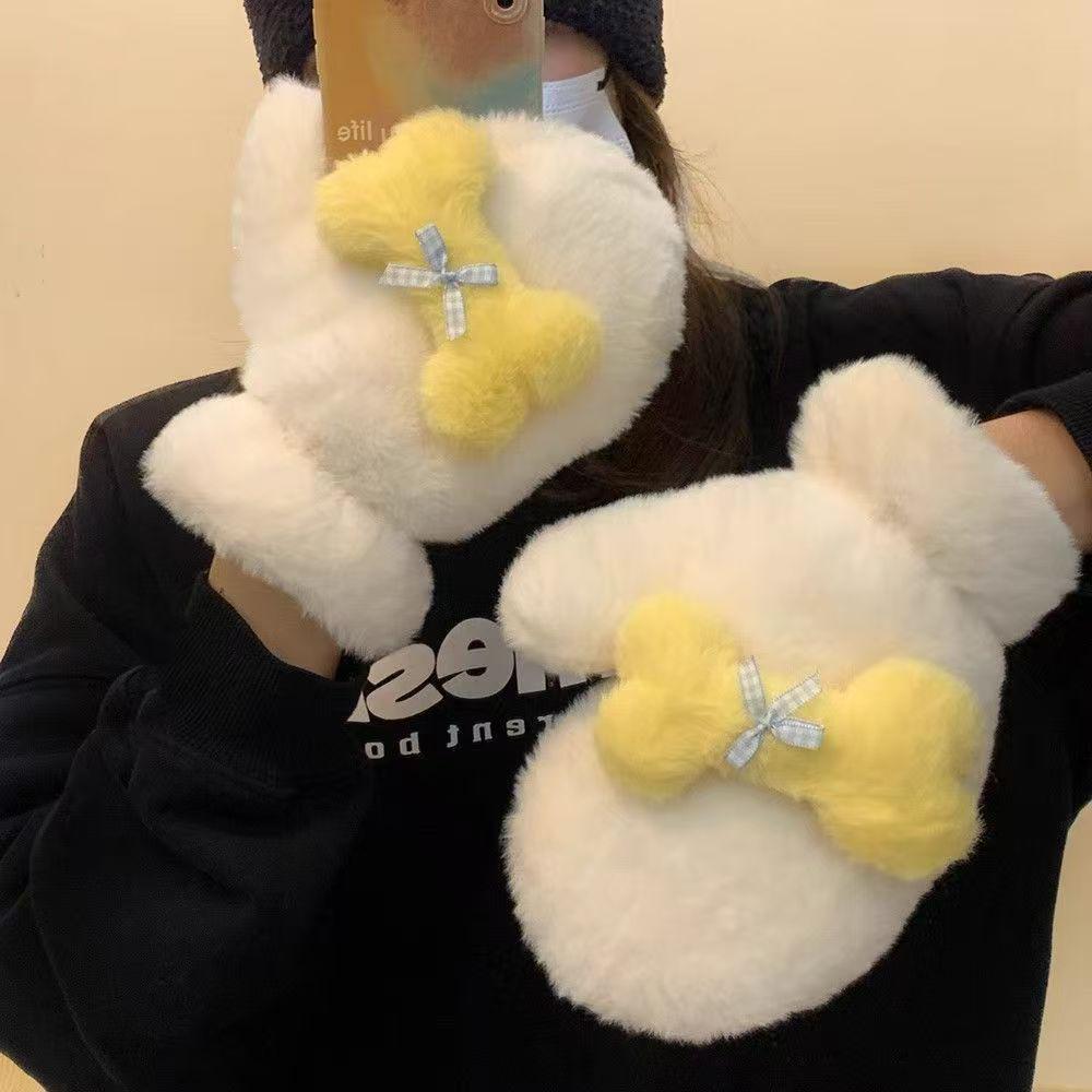 Женские зимние теплые плюшевые варежки с мультяшным рисунком и шейным шнурком - Ветрозащитные перчатки для велоспорта