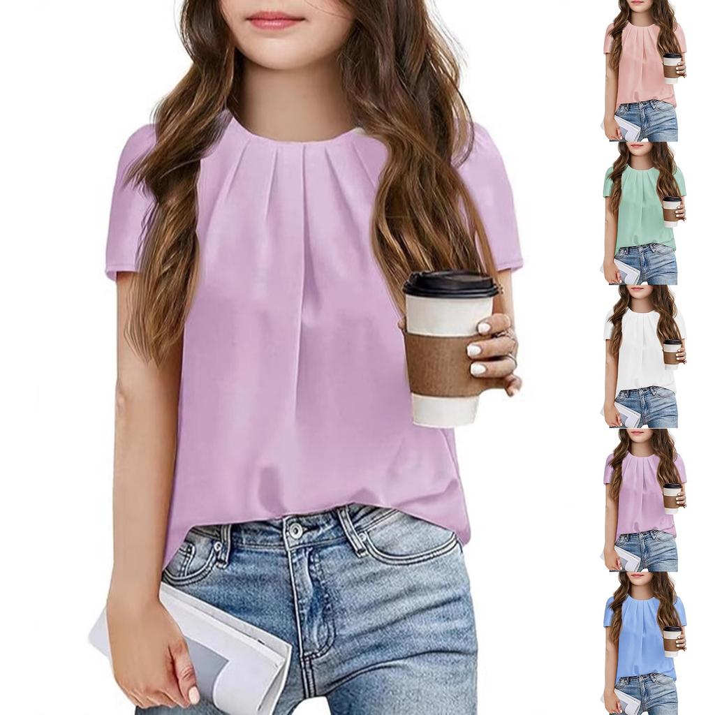 Children's Short-sleeved Solid Color T-shirt For Girls With Puffed Sleeve Chiffon Top