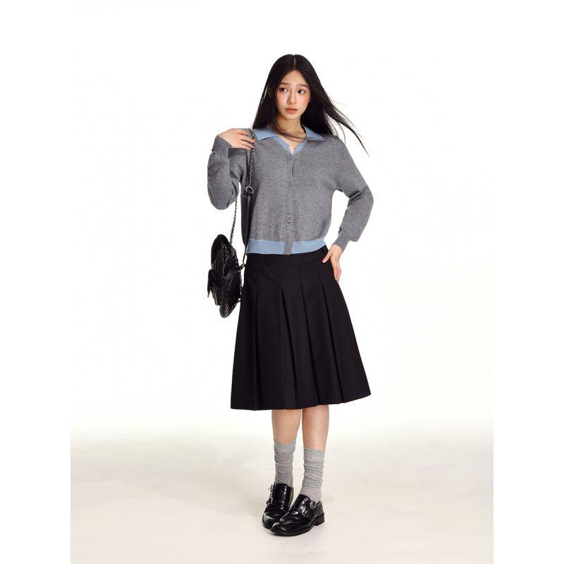 Shiyiyue Fake Two-Piece Knitted Cardigan for Women, Autumn and Winter American Retro Color-Blocking Short V-Neck Sweater Long-Sleeve Top